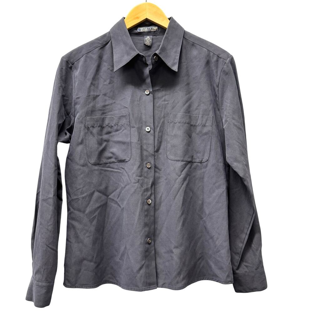 Harolds Blouse Womens 10 Silk Cotton Navy Blue Button Up Long‎ Sleeve Coastal